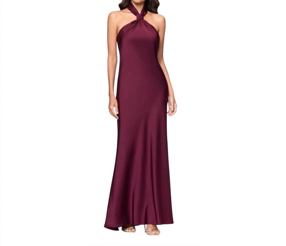 NEW BETSY & ADAM esmerelda satin halter neck gown in wine